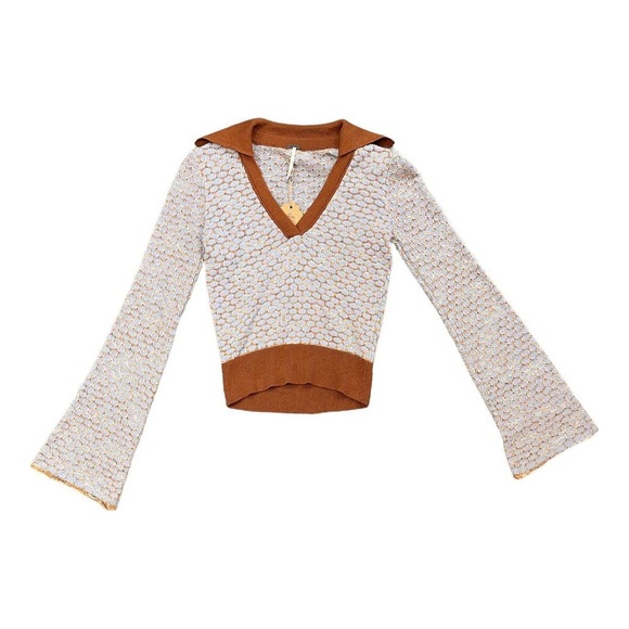 NWT Free People Vintage Blue Combo Collar Cropped Sweater Bell Sleeves XS - Picture 4 of 11